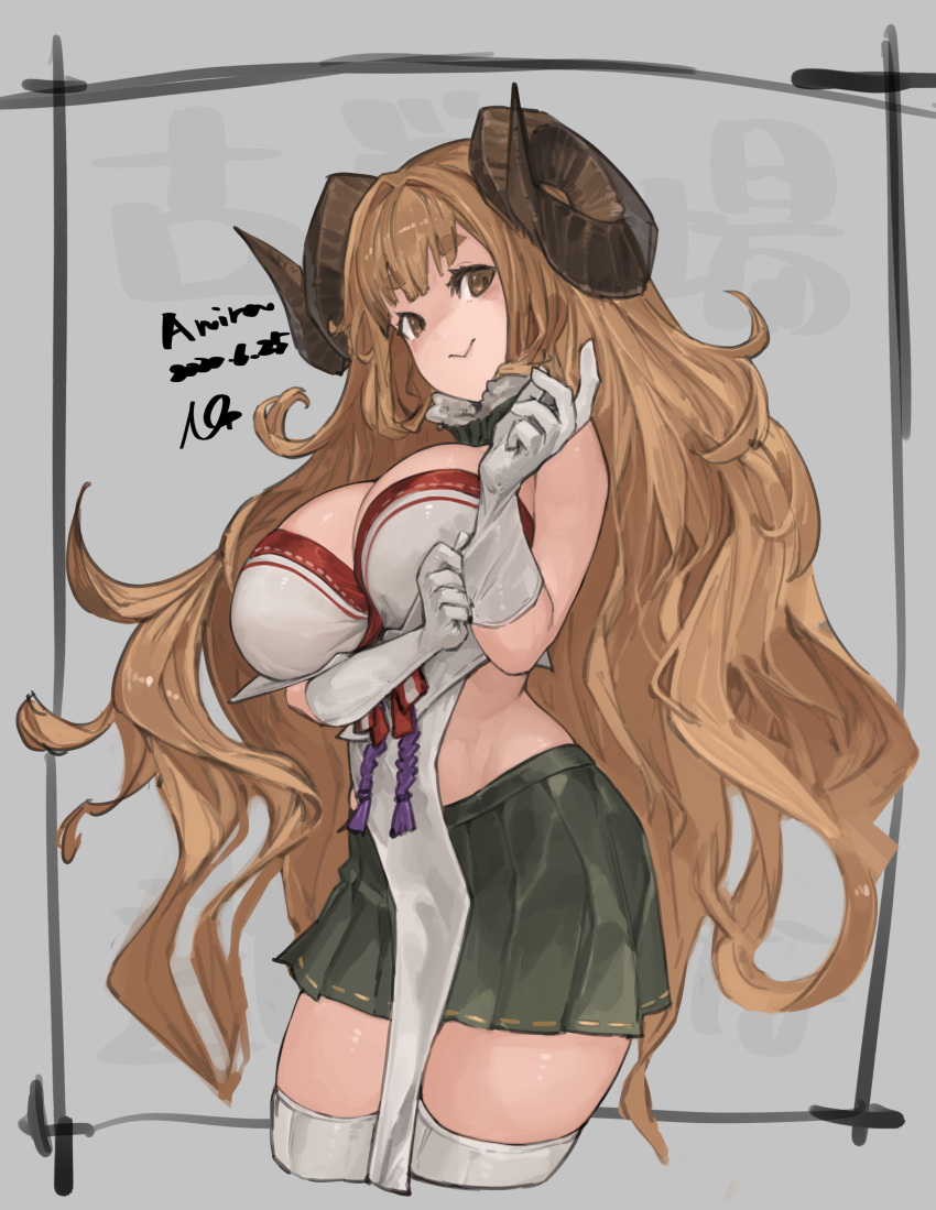 1girl absurdres anila_(granblue_fantasy) breasts draph gloves granblue_fantasy highres horns large_breasts long_hair n9+ sheep_horns smile solo thick_eyebrows thigh-highs very_long_hair work_in_progress zettai_ryouiki