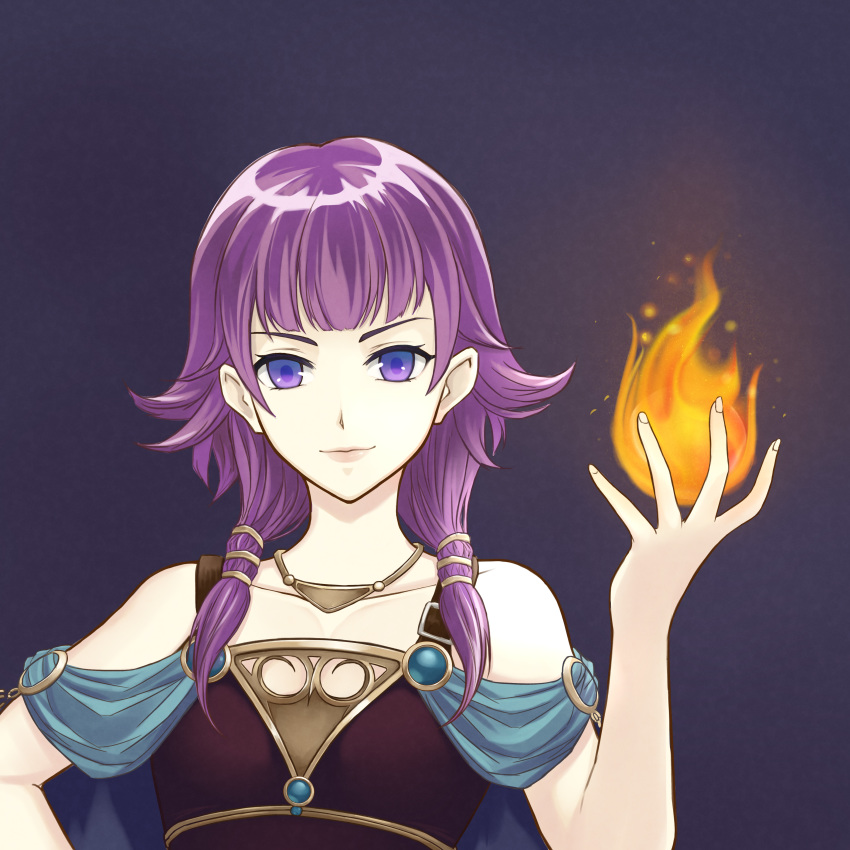 1girl absurdres bangs bare_shoulders dakkalot ears expressionless fire fire_emblem fire_emblem:_the_sacred_stones fire_emblem_heroes fireball gold_trim highres jewelry looking_at_viewer lute_(fire_emblem) necklace nintendo purple_hair simple_background upper_body violet_eyes