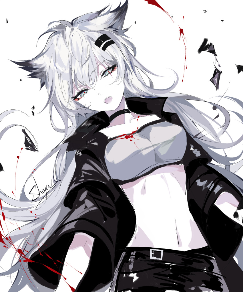 1girl animal_ears arknights artist_name bandeau bangs black_choker black_jacket blood breasts chinese_commentary choker commentary_request eyebrows_visible_through_hair fangs grey_eyes hair_between_eyes hair_ornament hairclip highres jacket lappland_(arknights) long_hair long_sleeves looking_at_viewer medium_breasts midriff navel open_clothes open_jacket open_mouth sheya signature silver_hair simple_background solo stomach strapless tubetop upper_body very_long_hair white_background wide_sleeves wolf_ears