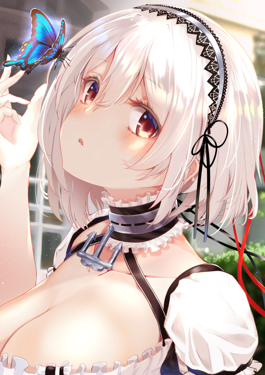 1girl absurdres anchor_choker azur_lane bow breasts bug butterfly choker collarbone commentary_request frilled_choker frills hair_bow highres insect lace-trimmed_hairband large_breasts looking_at_viewer o-ring o-ring_top puffy_short_sleeves puffy_sleeves puripuri red_eyes scoop_neck short_hair short_sleeves sirius_(azur_lane) solo upper_body white_frills white_hair