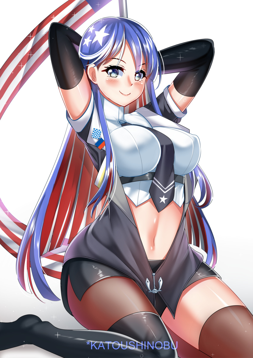 1girl absurdres anchor arms_behind_head artist_name asymmetrical_legwear black_footwear black_neckwear black_skirt blue_hair boots breasts highres https://i.pximg.net/img-master/img/2020/07/12/00/31/53/82911376_p0_master1200.jpg kantai_collection katou_shinobu kneeling large_breasts long_hair looking_at_viewer multicolored_hair necktie open_clothes redhead single_thigh_boot skirt smile solo south_dakota_(kantai_collection) star_(symbol) thigh-highs thigh_boots