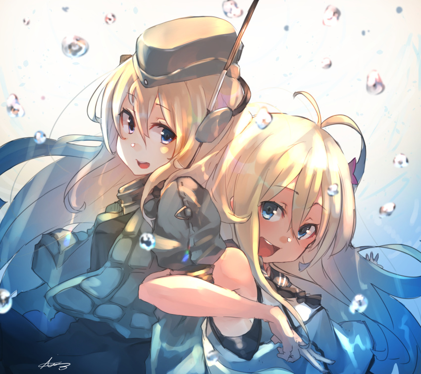2girls :d ahoge air_bubble akicosmossakasa bangs blonde_hair blue_eyes blush bubble commentary_request crop_top cropped_jacket dual_persona eyebrows_visible_through_hair flower garrison_cap hair_flower hair_ornament hat headgear highres kantai_collection long_hair long_sleeves looking_at_viewer multiple_girls nontraditional_school_swimsuit one-piece_swimsuit one-piece_tan open_mouth puffy_long_sleeves puffy_sleeves ro-500_(kantai_collection) sailor_collar school_swimsuit smile submerged swimsuit swimsuit_under_clothes tan tanline u-511_(kantai_collection) underwater