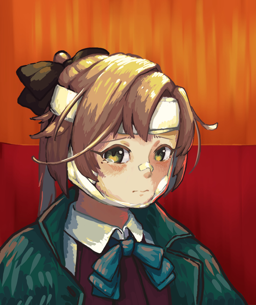 1girl akigumo_(kantai_collection) bandages brown_hair coat dress_shirt english_commentary fine_art_parody gadgetcat green_eyes green_neckwear halterneck highres kantai_collection long_hair looking_at_viewer parody ponytail school_uniform self-portrait_with_bandaged_ear shirt solo upper_body white_shirt