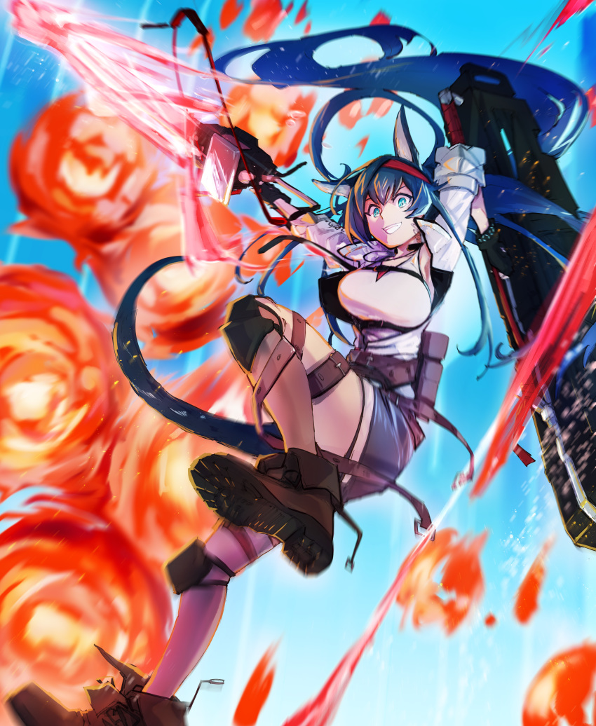 1girl absurdres anaguma_201 animal_ears arknights blaze_(arknights) blue_eyes blue_hair breasts cat_ears chainsaw explosion falling grin hairband highres huge_filesize knee_pads large_breasts long_hair motion_blur red_hairband smile tail