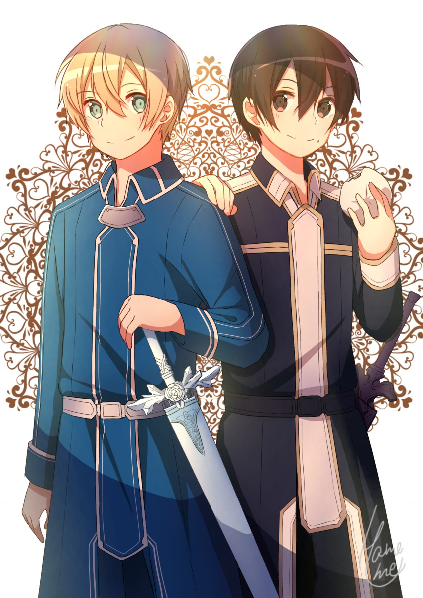 2boys bangs black_eyes black_hair blonde_hair blue_rose_sword closed_mouth cowboy_shot enokimo_me eugeo eyebrows_visible_through_hair food green_eyes hair_between_eyes hand_on_another's_shoulder hand_on_hilt highres holding holding_food kirito long_sleeves male_focus multiple_boys shiny shiny_hair signature smile standing sword_art_online wing_collar