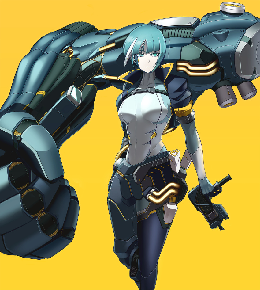 1girl aqua_eyes aqua_hair cyberpunk cyborg extra_arms gun highres holding holding_gun holding_weapon mecha_musume multicolored_hair original oversized_limbs prosthesis short_hair solo streaked_hair submachine_gun un_(satoshi0301) weapon white_hair yellow_background