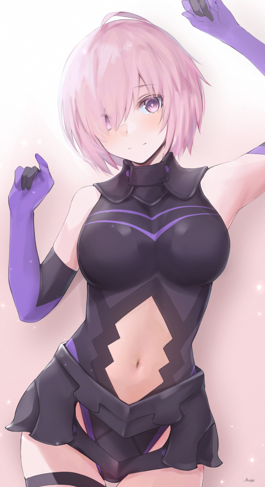 1girl absurdres arm_up bare_shoulders bee_doushi black_legwear black_leotard breasts closed_mouth cowboy_shot elbow_gloves eyebrows_visible_through_hair fate/grand_order fate_(series) gloves gradient gradient_background hair_over_one_eye hand_up highleg highleg_leotard highres large_breasts lavender_hair leotard light_smile looking_at_viewer mash_kyrielight navel navel_cutout pink_background purple_gloves short_hair signature solo thigh_strap thighs violet_eyes white_background