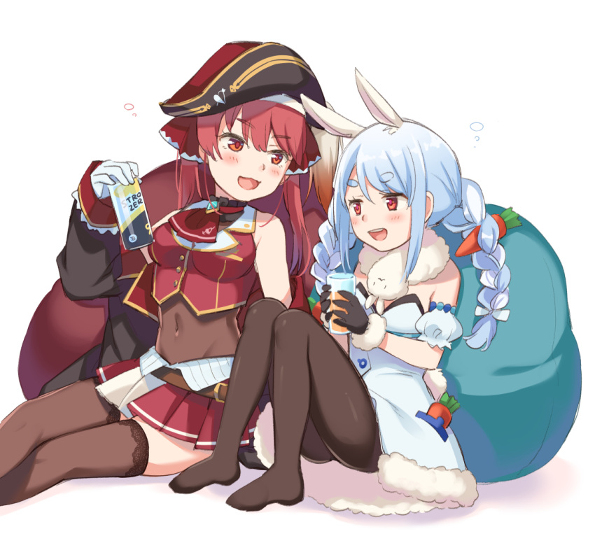 2girls alcohol animal_ears bean_bag_chair beer_can belt black_gloves braid can carrot coat eyebrows_visible_through_hair food_in_pocket gloves hat hololive houshou_marine long_sleeves maki_(natoriumu) midriff miniskirt multiple_girls pirate pirate_costume pirate_hat rabbit_ears red_eyes red_skirt redhead skirt strong_zero thick_eyebrows thigh-highs twin_braids usada_pekora white_background white_gloves