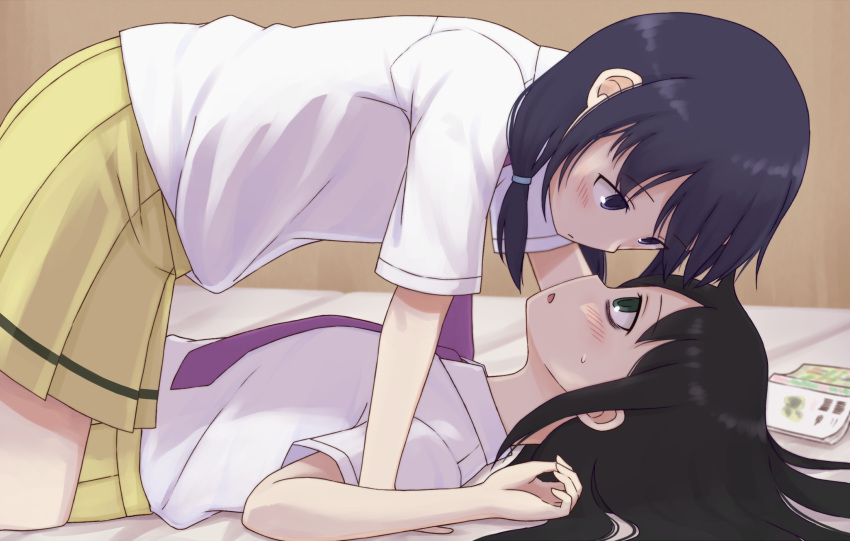 2girls black_hair blush book brown_background collared_shirt commentary_request eye_contact eyebrows_visible_through_hair girl_on_top green_eyes highres kuroki_tomoko long_hair looking_at_another low_twintails lying mohya multiple_girls necktie on_back on_bed open_book pleated_skirt purple_neckwear school_uniform shirt simple_background skirt sweat tamura_yuri twintails violet_eyes watashi_ga_motenai_no_wa_dou_kangaetemo_omaera_ga_warui! white_shirt yellow_skirt yuri