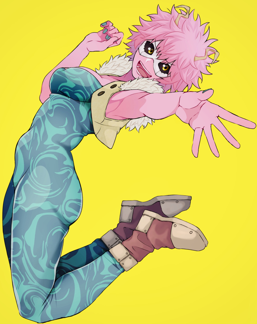 1girl :d absurdres armpits ashido_mina bare_arms black_sclera bodysuit boku_no_hero_academia breasts buttons collarbone eyebrows_visible_through_hair eyebrows_visible_through_mask fingernails from_side full_body fur_trim hands_up highres horns kobaji looking_at_viewer looking_to_the_side mask medium_breasts nail_polish open_clothes open_mouth open_vest orange_eyes outstretched_arm outstretched_hand pink_hair pink_skin shoes short_hair simple_background skin_tight smile solo spread_fingers unbuttoned v-shaped_eyebrows vest yellow_background