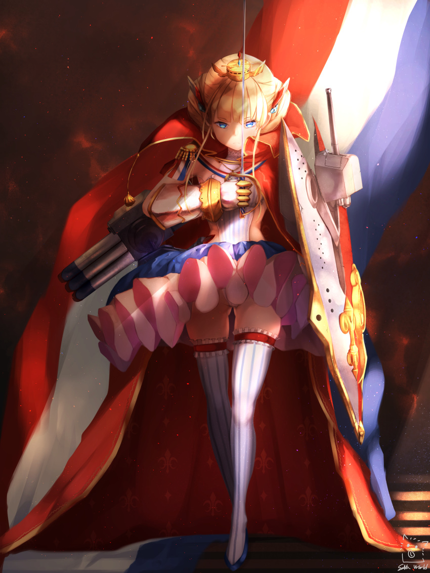 1girl absurdres asymmetrical_armor azur_lane ballet_slippers blonde_hair blue_eyes cape epaulettes fleur_de_lis french_flag full_body gauntlets highres huge_filesize le_triomphant_(azur_lane) long_hair pointe_shoes rapier red_cape shield skindentation sonaworld sword thigh-highs tiptoes torpedo_tubes turret tutu weapon white_legwear