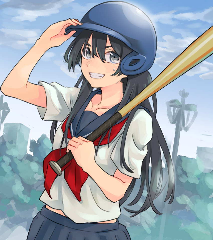 1girl :d absurdres adjusting_headwear bangs baseball_bat baseball_helmet bench black_hair blue_sailor_collar blue_skirt breasts clouds commentary cowboy_shot dutch_angle furrowed_eyebrows grey_eyes grin hair_between_eyes hand_on_headwear helmet highres holding irenji lamppost long_hair looking_at_viewer midriff_peek neckerchief open_mouth park_bench pleated_skirt red_neckwear sailor_collar saten_ruiko school_uniform serafuku shirt skirt sky small_breasts smile solo sweatdrop to_aru_kagaku_no_railgun to_aru_majutsu_no_index tree white_shirt