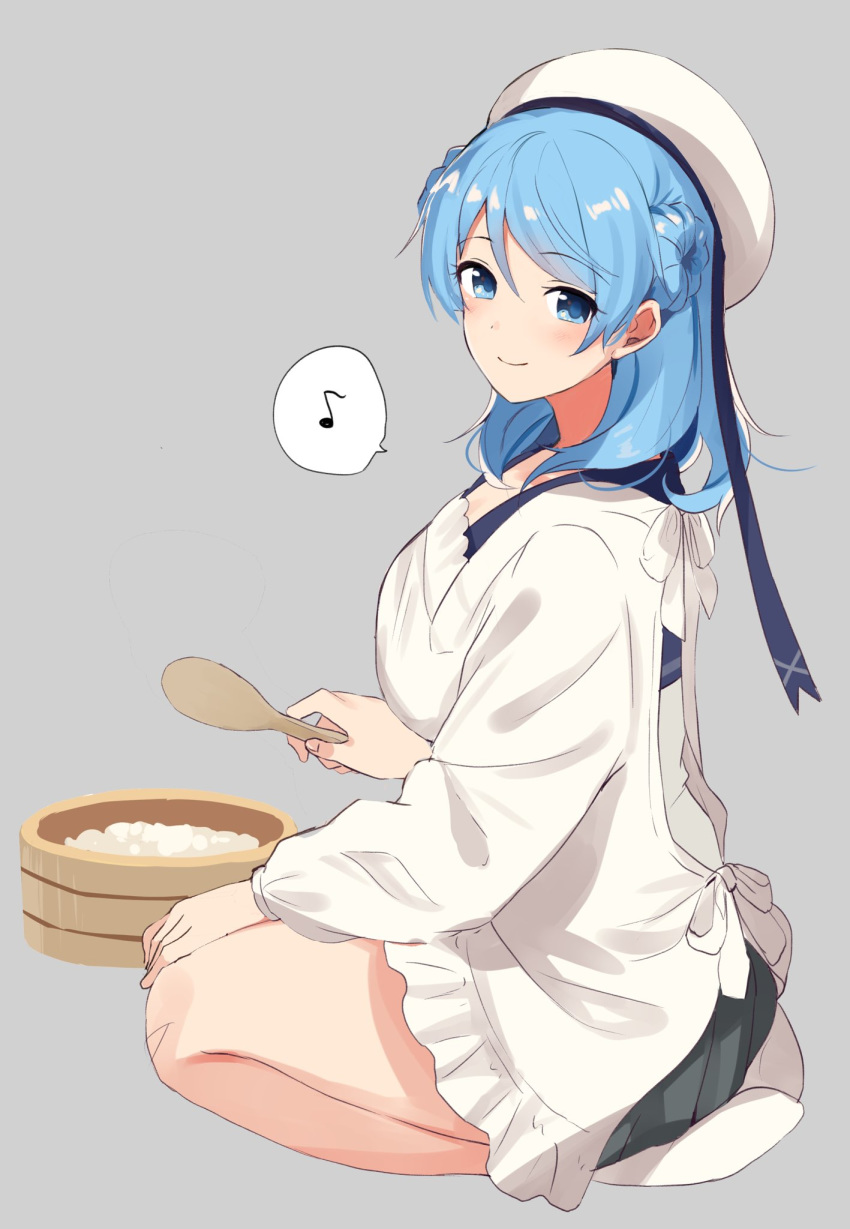 1girl basin blue_eyes blue_hair bowl double_bun eighth_note grey_background grey_skirt hat highres kantai_collection kappougi musical_note pleated_skirt rice rice_bowl sailor_hat seiza senbei_(senbe_i) simple_background sitting skirt smile solo spatula spoken_musical_note urakaze_(kantai_collection) white_headwear white_legwear