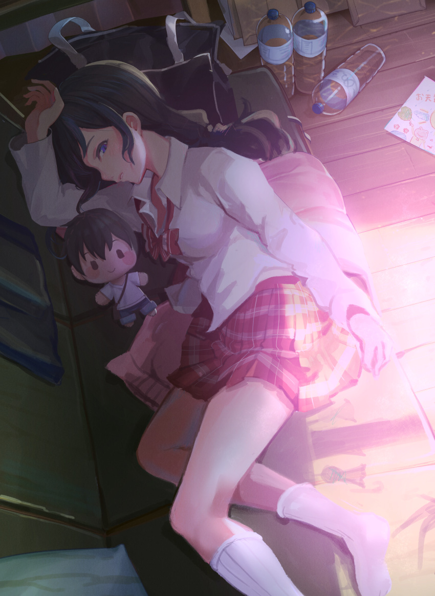 absurdres amano_hina_(tenki_no_ko) black_hair blue_eyes bottle bow character_doll couch day from_above haowei_wu highres huge_filesize indoors long_sleeves lying on_side pillow pink_skirt plaid plaid_skirt red_bow shirt skirt socks sunlight tenki_no_ko water_bottle white_legwear white_shirt