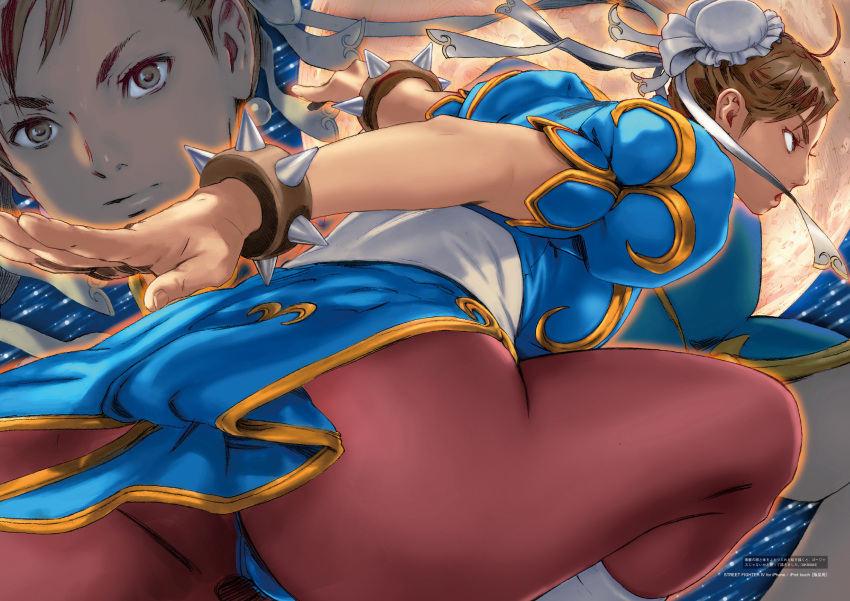 1girl ass bangs blue_dress bracelet brown_eyes brown_hair brown_legwear bun_cover capcom china_dress chinese_clothes chun-li closed_mouth double_bun dress earrings fighting_stance highres jewelry moon open_mouth pantyhose pelvic_curtain puffy_short_sleeves puffy_sleeves sash short_sleeves spiked_bracelet spikes street_fighter yasuda_akira