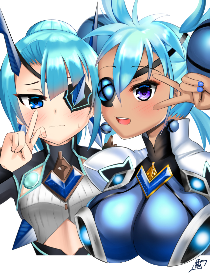 2girls :d aqua_hair blue_eyes blush breasts chest_jewel dark_skin earrings eyepatch hair_between_eyes highres horns ice_horns jewelry kame_kame_happa large_breasts mikumari_(xenoblade) multiple_girls open_mouth seori_(xenoblade) simple_background single_horn small_breasts smile upper_body v violet_eyes wavy_mouth white_background xenoblade_(series) xenoblade_2