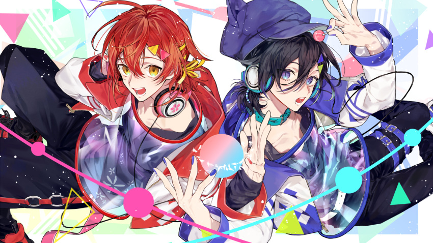 2boys :d black_hair black_pants black_shirt blue_headwear blue_jacket candy collar collarbone commentary_request food hair_between_eyes hair_ornament hair_ribbon hanasaki_miyabi hat headphones headphones_around_neck holding_lollipop holostars jacket kanade_izuru lollipop looking_at_viewer male_focus multicolored multicolored_clothes multicolored_jacket multiple_boys nail_polish open_mouth pants purple_nails red_jacket red_nails redhead ribbon shirt smile tatsuta_age violet_eyes virtual_youtuber white_jacket yellow_eyes