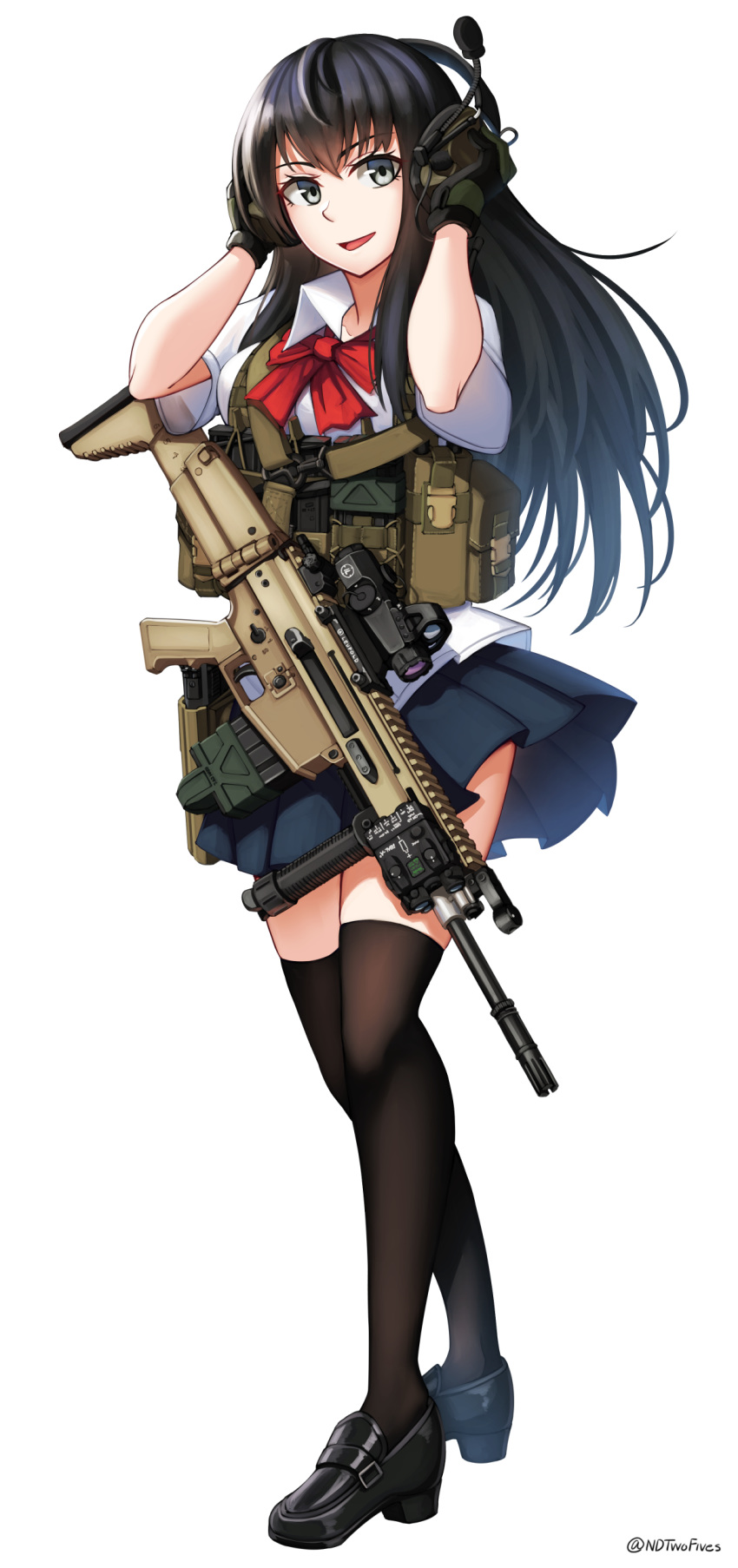 1girl :d absurdres assault_rifle bangs black_footwear black_gloves black_hair black_legwear blue_skirt bow breasts collared_shirt commentary_request ear_protection eyebrows_visible_through_hair five-seven_(gun) fn_scar full_body gloves grey_eyes gun hair_between_eyes handgun hands_up headset high_heels highres loafers long_hair looking_at_viewer medium_breasts ndtwofives open_mouth original pistol pleated_skirt red_bow rifle school_uniform shirt shoes short_sleeves simple_background skirt smile solo standing thigh-highs twitter_username very_long_hair weapon white_background white_shirt