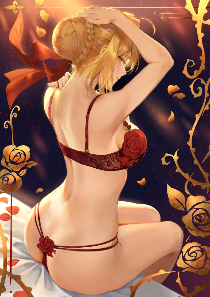 1girl ahoge armpits arms_behind_head arms_up ass back bangs bare_shoulders blonde_hair blush bra braid breasts closed_mouth fate/extra fate_(series) french_braid gradient gradient_background green_eyes hair_bun hair_intakes hair_ribbon highres large_breasts light_rays long_hair looking_at_viewer looking_back mashuu_(neko_no_oyashiro) nero_claudius_(fate) nero_claudius_(fate)_(all) panties petals red_bra red_panties red_ribbon ribbon sitting smile thighs thong underwear