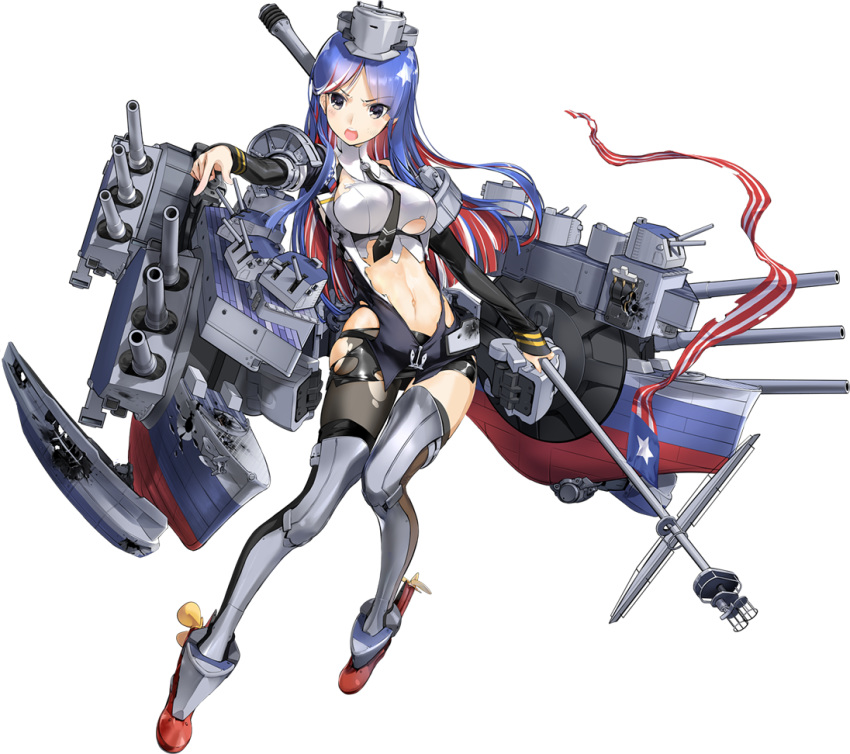 1girl american_flag black_gloves blue_hair breasts gloves jacket kantai_collection long_hair machinery medium_breasts multicolored_hair navel necktie official_art redhead rudder_footwear shorts single_thighhigh south_dakota_(kantai_collection) staff thigh-highs torn_clothes transparent_background turret weapon white_hair zeco