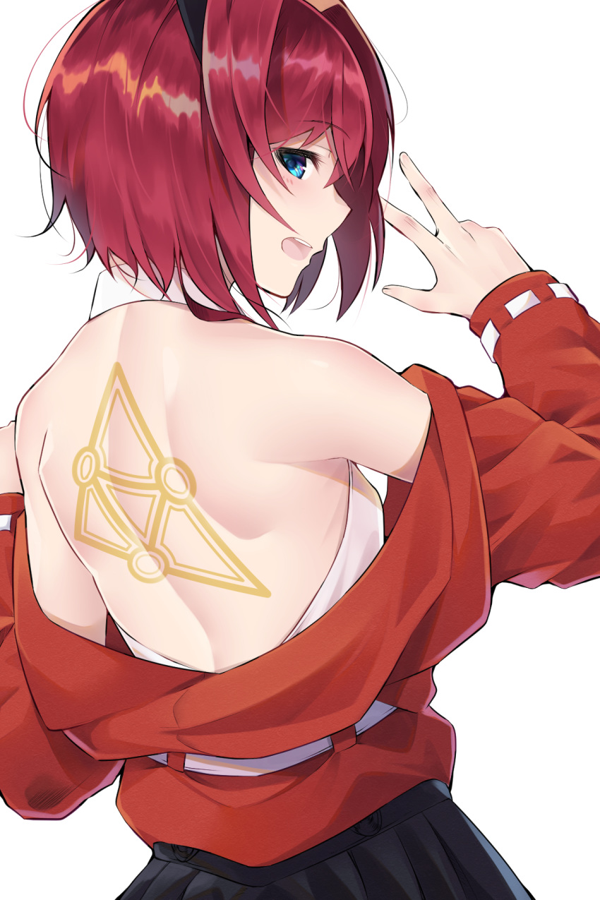 1girl ange_katrina back back_tattoo backless_outfit black_skirt blue_eyes blush breasts commentary dress from_behind halter_top halterneck highres jacket looking_at_viewer looking_back nijisanji off_shoulder open_mouth red_jacket redhead short_hair shunga_(shun608) simple_background skirt small_breasts smile solo tattoo virtual_youtuber white_background white_dress