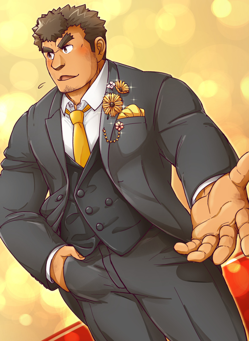 1boy absurdres alternate_costume bara barry_go blush body_hair brown_hair chest_hair facial_hair flustered formal goatee hand_in_pocket highres kengo_(tokyo_houkago_summoners) male_focus manly necktie pants pov solo sparkle suit thick_eyebrows tokyo_houkago_summoners upper_body