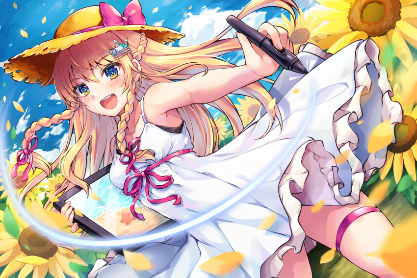 1girl :d bangs bare_arms bare_shoulders blonde_hair blue_eyes blush bow braid breasts brown_headwear commentary_request day drawing_tablet dress dutch_angle eyebrows_visible_through_hair field flower flower_field hair_between_eyes hair_ornament hat hat_bow highres holding holding_stylus huion long_hair looking_at_viewer open_mouth original outdoors petals pink_bow pink_ribbon ribbon round_teeth samoore sleeveless sleeveless_dress small_breasts smile solo standing straw_hat stylus summer sundress sunflower teeth twin_braids upper_teeth very_long_hair white_dress yellow_flower