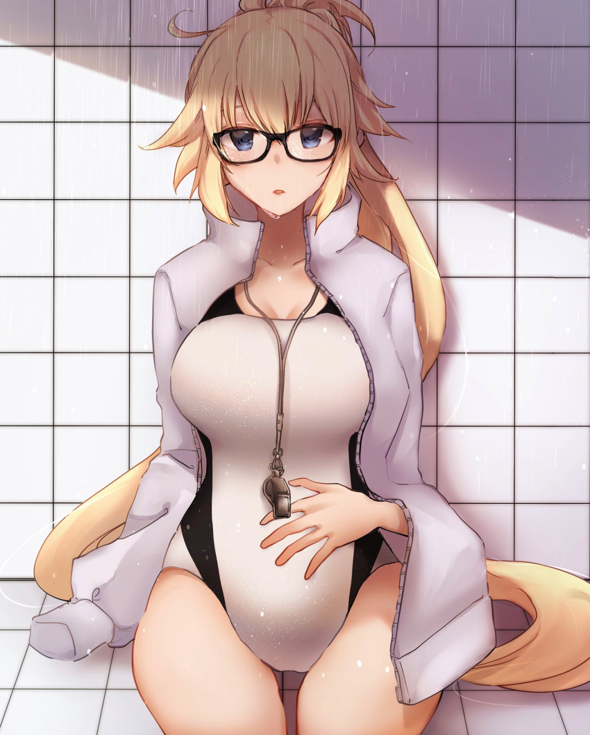 1girl aka_ive bespectacled black-framed_eyewear black_swimsuit blonde_hair blue_eyes collarbone commentary_request competition_swimsuit fate/grand_order fate_(series) glasses hand_on_own_stomach highres jacket jacket_on_shoulders jeanne_d'arc_(fate)_(all) jeanne_d'arc_(swimsuit_archer) long_hair looking_at_viewer one-piece_swimsuit sitting solo swimsuit two-tone_swimsuit very_long_hair wet whistle whistle_around_neck white_jacket white_swimsuit