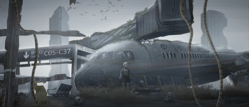 1girl abandoned aircraft airplane airport bench bird broken_glass chinese_commentary commentary_request glass grass highres original outdoors overgrown post-apocalypse ptsd0818 scenery science_fiction short_hair skull solo standing white_hair wide_shot wreckage
