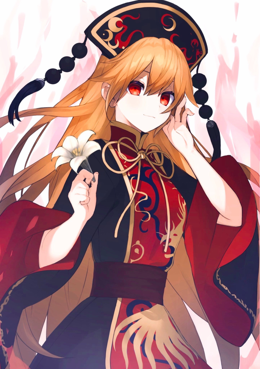 arms_up black_dress black_headwear blonde_hair chinese_clothes dress ears fire flower hand_in_hair hat highres holding holding_flower ikasoba junko_(touhou) long_hair long_sleeves red_eyes robe smile touhou white_background white_flower