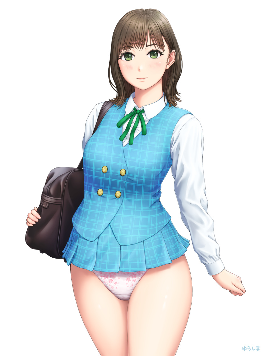 1girl bag blue_skirt blue_vest bookbag brown_hair floral_print green_eyes highres long_sleeves looking_at_viewer medium_hair original panties school_uniform shirt simple_background skirt solo standing thighs underwear uniform vest white_background white_shirt yurashima