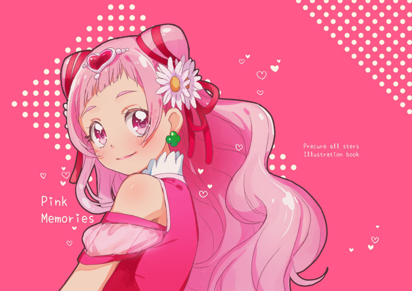 1girl bare_shoulders blush character_request closed_mouth commentary_request english_text eyes_visible_through_hair flower hair_flower hair_ornament highres jewelry lipstick long_hair looking_at_viewer makeup pink_background pink_eyes pink_theme precure precure_all_stars simple_background smile solo upper_body yufu_toyomimasu