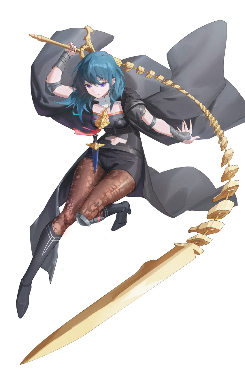 1girl absurdres arm_up armor bangs belt black_armor black_belt black_cape black_footwear black_shorts blue_eyes blue_hair boots breasts brown_legwear byleth_(fire_emblem) byleth_eisner_(female) cape chinese_commentary closed_mouth commentary_request dagger detached_collar elbow_pads emblem eyebrows_behind_hair fire_emblem fire_emblem:_three_houses full_body gokuhaaa hair_between_eyes high_heel_boots high_heels highres holding holding_sword holding_weapon knee_boots large_breasts long_hair looking_at_viewer navel navel_cutout pantyhose patterned_clothing sheath sheathed short_shorts shorts sidelocks simple_background single_knee_pad smile solo sword sword_of_the_creator vambraces weapon whip_sword white_background