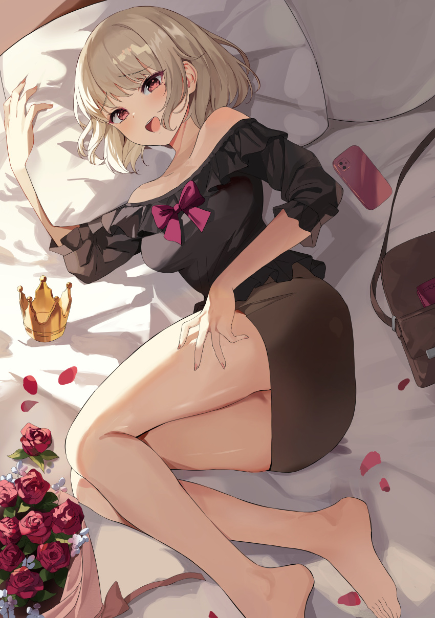 1girl :d absurdres arm_up artist_request ass bag bare_legs bare_shoulders barefoot bed black_shirt blonde_hair bouquet bow bowtie breasts brown_skirt commission crown flower frilled_shirt frills hand_on_own_thigh highres long_sleeves looking_at_viewer lying medium_breasts miniskirt off_shoulder on_back on_bed original pencil_skirt petals pillow red_eyes red_flower rose second-party_source shirt short_hair skirt smile solo thighs