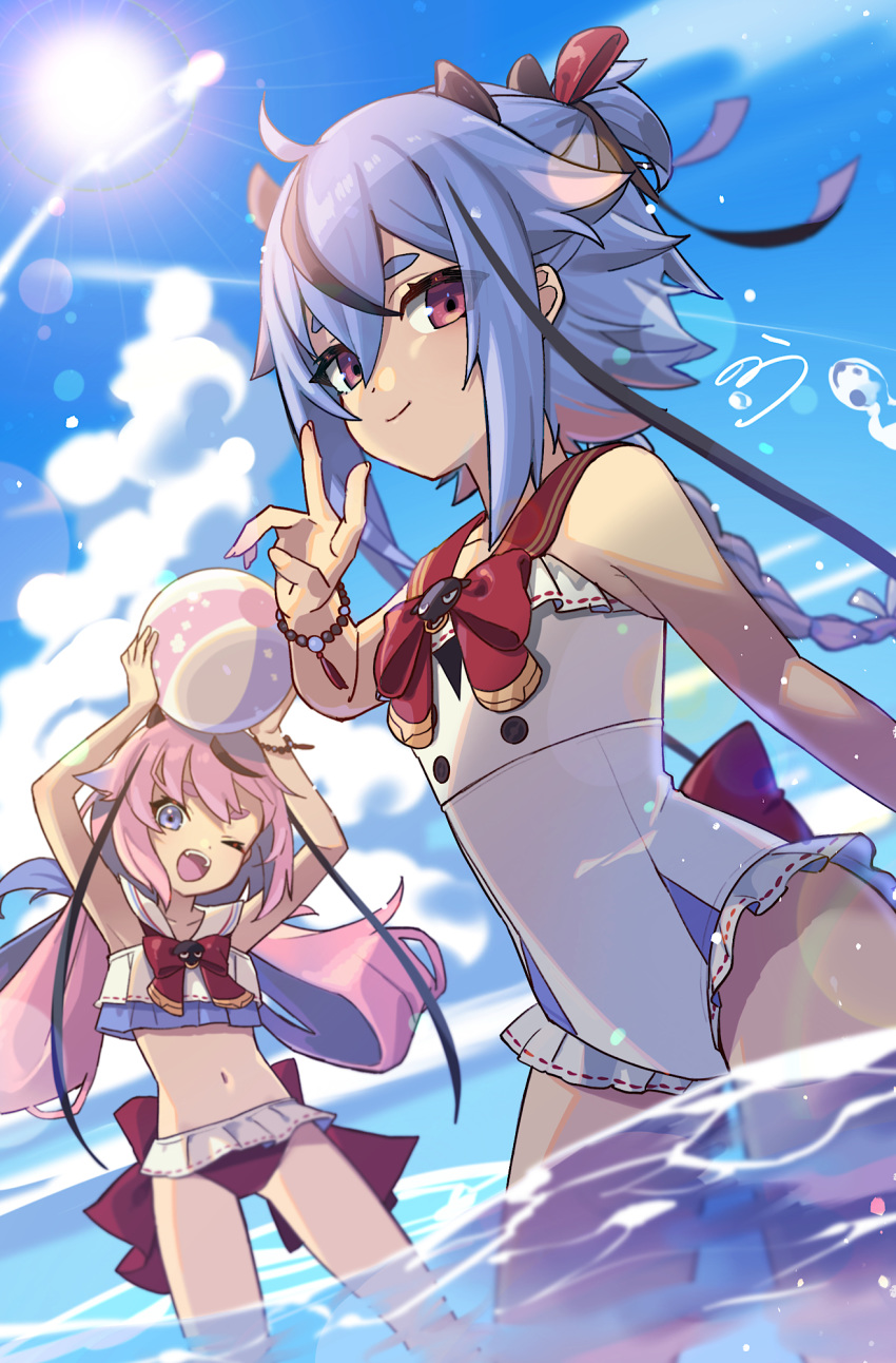 2others arms_up ball beachball blue_eyes blue_hair blue_sky bow bowtie braid clouds collar commentary cowboy_shot hair_ribbon hand_up highres holding_beachball lens_flare long_hair looking_at_viewer meika_hime meika_mikoto multiple_others navel nou ocean one_eye_closed open_mouth outdoors pink_eyes pink_hair red_collar ribbon sailor_collar signature sky smile sun swimsuit twintails v vocaloid wading white_swimsuit