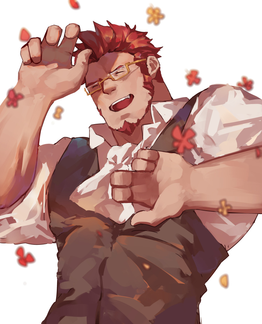 1boy absurdres alternate_costume bara beard brown_hair closed_eyes collared_shirt cravat facial_hair facing_another fate/grand_order fate_(series) glasses goatee guoguo hands_up highres male_focus muscle napoleon_bonaparte_(fate/grand_order) petals shirt sideburns simple_background sketch sleeves_rolled_up smile vest