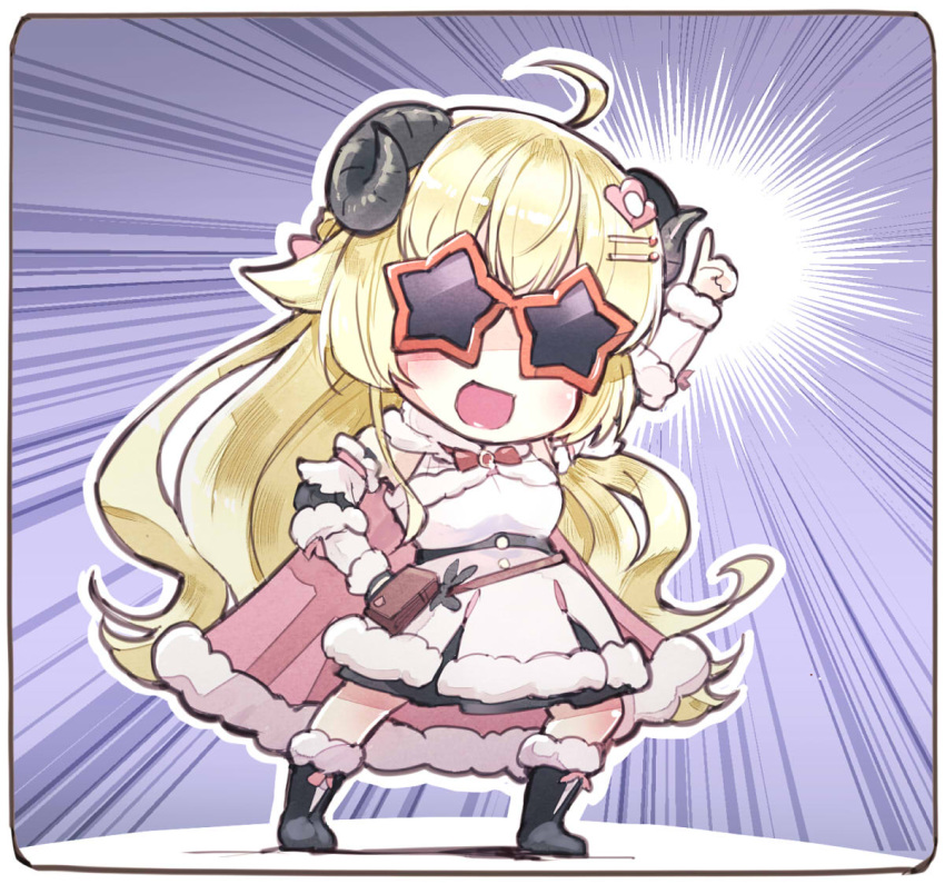 1girl :d ahoge blonde_hair boots bow bowtie cape chibi commentary_request dress emphasis_lines fur-trimmed_boots fur-trimmed_cape fur-trimmed_dress fur_trim hair_ornament hairclip hololive horns index_finger_raised long_hair open_mouth pointing pointing_up pouch sakino_shingetsu saturday_night_fever sheep_girl sheep_horns smile solo star-shaped_eyewear sunglasses tsunomaki_watame very_long_hair virtual_youtuber