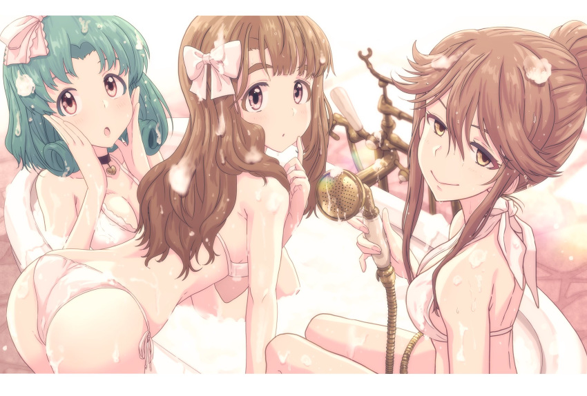 3girls ass bath bathing bathtub bent_over bikini bow breasts brown_hair bubble_bath choker commentary_request faucet green_hair hair_bow hair_ribbon halterneck heart heart_choker highres idolmaster idolmaster_million_live! long_hair looking_at_viewer medium_breasts medium_hair miyao_miya multiple_girls pink_eyes ribbon run_p_(aveton) shared_bathing short_hair_with_long_locks side-tie_bikini swimsuit tenkuubashi_tomoka tokugawa_matsuri wet white_bikini yellow_eyes