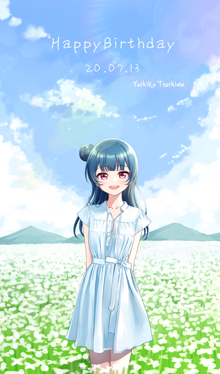 1girl :d absurdres bangs blue_hair blue_sky blush bow character_name clouds collarbone dated day deadnooodles dress eyebrows_visible_through_hair field flower flower_field hair_bun happy_birthday highres looking_at_viewer love_live! love_live!_sunshine!! mountain open_mouth outdoors short_sleeves side_bun sky smile solo standing tsushima_yoshiko upper_teeth violet_eyes white_bow white_dress white_flower