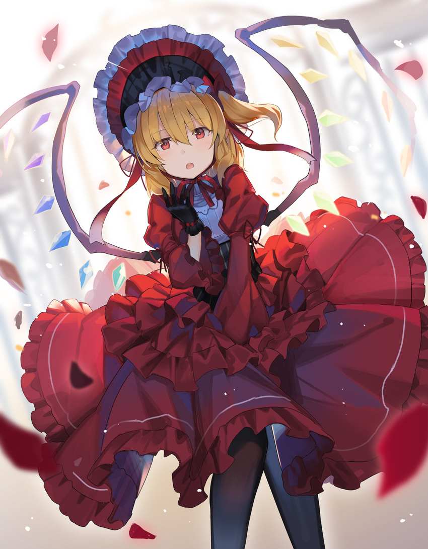 1girl alternate_costume black_gloves blonde_hair blue_legwear bonnet commentary corset dress flandre_scarlet flower frilled_dress frills gate gloves hat highres juliet_sleeves long_sleeves looking_at_viewer medium_hair one_side_up open_mouth outdoors pantyhose petals puffy_sleeves red_dress red_eyes red_flower red_headwear red_rose rin_falcon rose rose_petals solo touhou wind wings