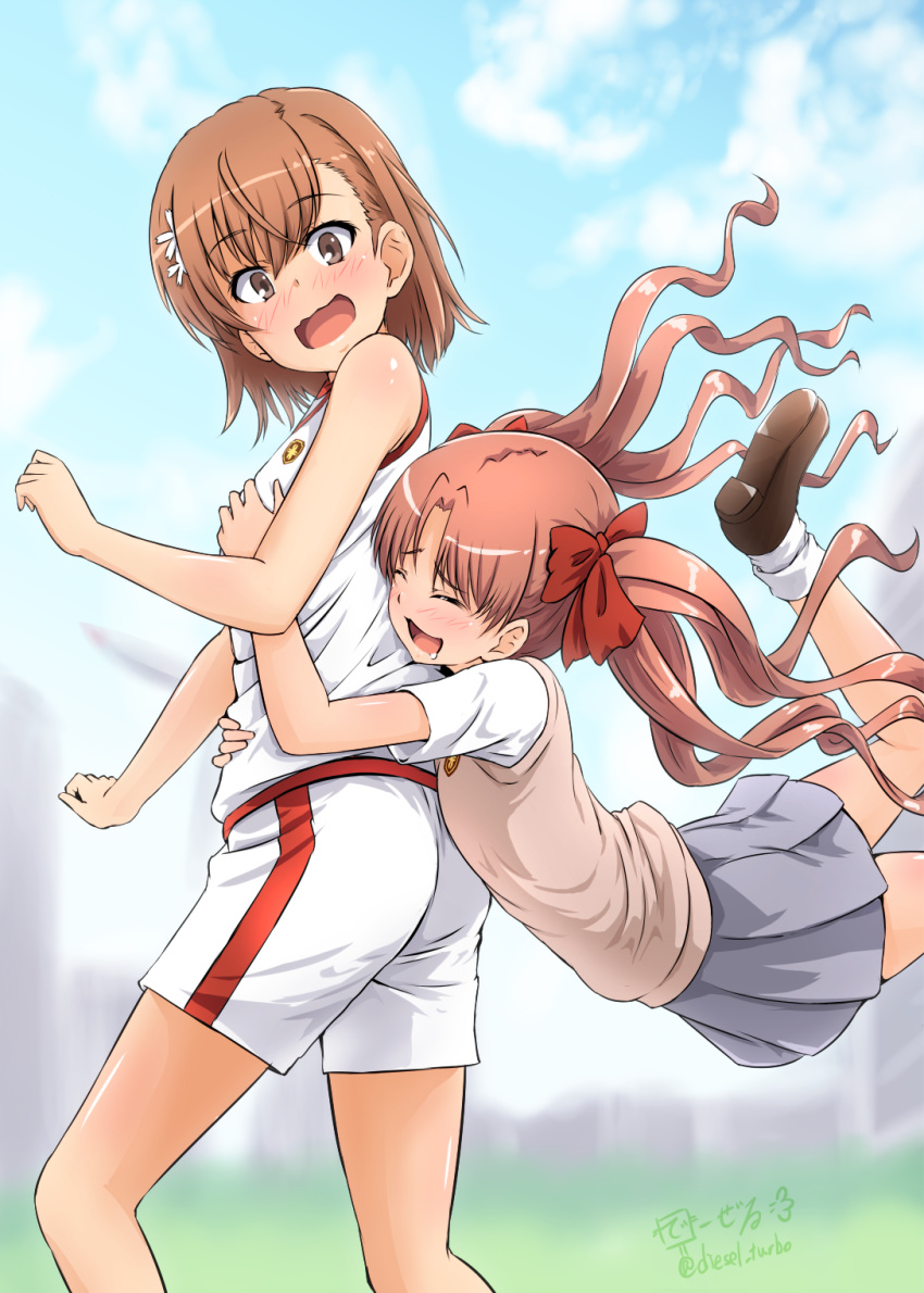 2girls basketball_uniform blush brown_eyes brown_hair closed_eyes diesel-turbo highres hug hug_from_behind jumping long_hair misaka_mikoto multiple_girls open_mouth pleated_skirt school_uniform shirai_kuroko short_hair shorts skirt sportswear to_aru_kagaku_no_railgun to_aru_majutsu_no_index tokiwadai_school_uniform twintails wavy_hair