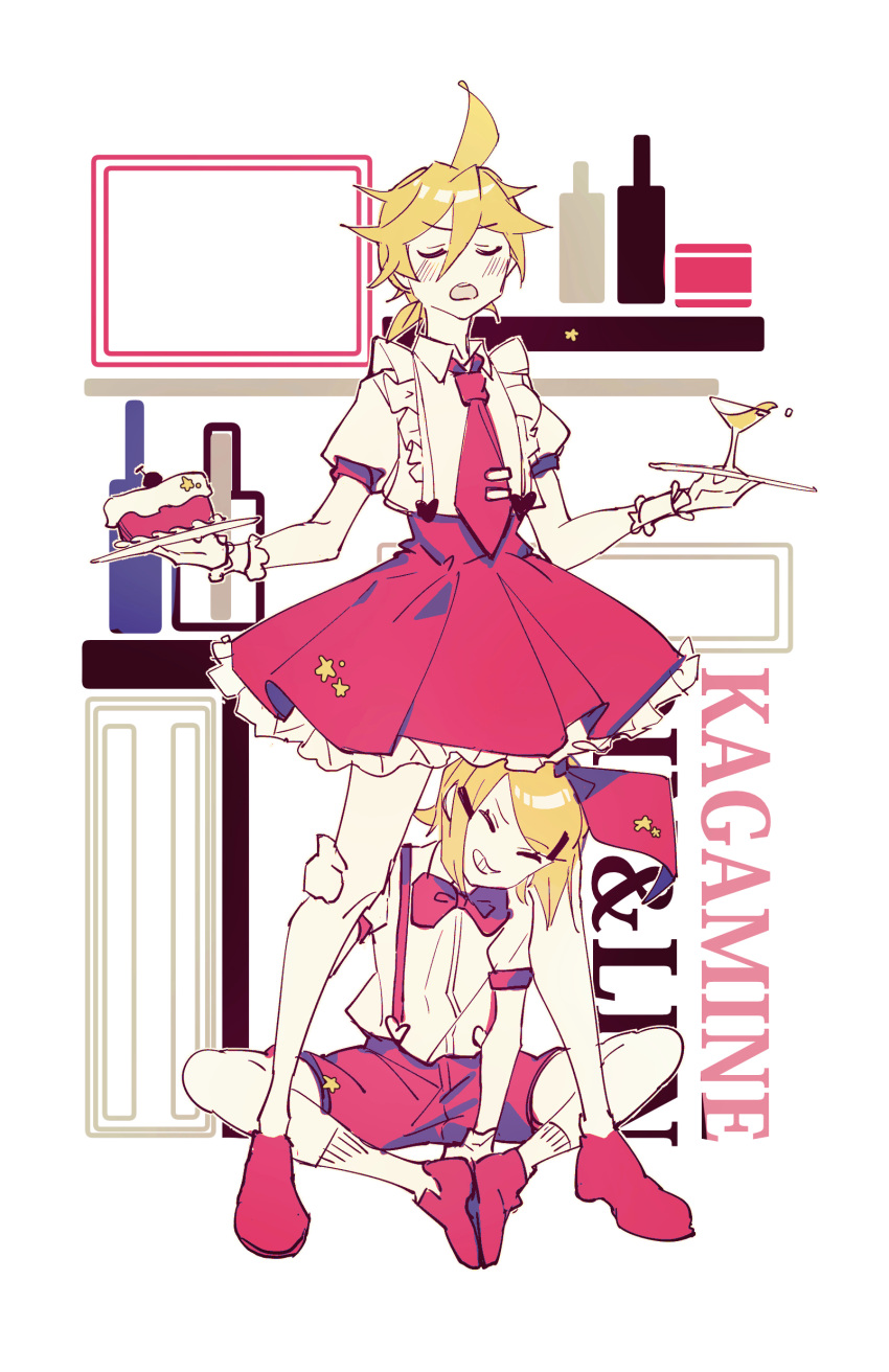 absurdres between_legs blonde_hair blush cake character_name chi_ya closed_eyes cocktail_glass commentary crossdressinging cup drinking_glass feet_together food frilled_skirt frills full_body grin hair_ornament hairclip hand_on_another's_leg highres holding holding_tray kagamine_len kagamine_rin kitchen miniskirt necktie open_mouth pink_footwear pink_neckwear pink_shorts pink_skirt short_sleeves shorts sitting skirt smile spiky_hair standing suspender_shorts suspender_skirt suspenders symbol_commentary tray v-shaped_eyebrows vocaloid