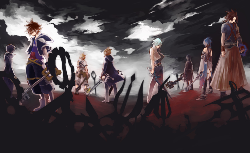 2girls 6+boys aqua_(kingdom_hearts) armor black_coat_(kingdom_hearts) black_hair blonde_hair blue_eyes blue_hair brown_hair cloak gloves holding holding_weapon hood jewelry keyblade kingdom_hearts meka_(totto18) multiple_boys multiple_girls necklace riku riku_replica roxas short_hair silver_hair sora_(kingdom_hearts) terra_(kingdom_hearts) ventus weapon xion_(kingdom_hearts)