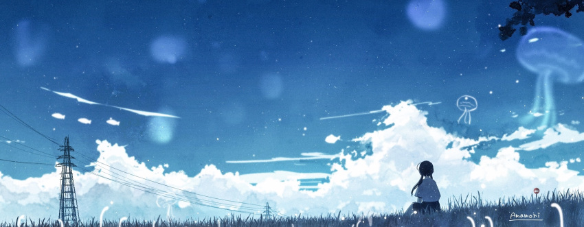 1girl amenomori_howa blue_theme blurry bokeh commentary depth_of_field grass highres jellyfish light_particles night night_sky original outdoors power_lines scenery school_uniform sign signature sitting sky solo star_(sky) twintails