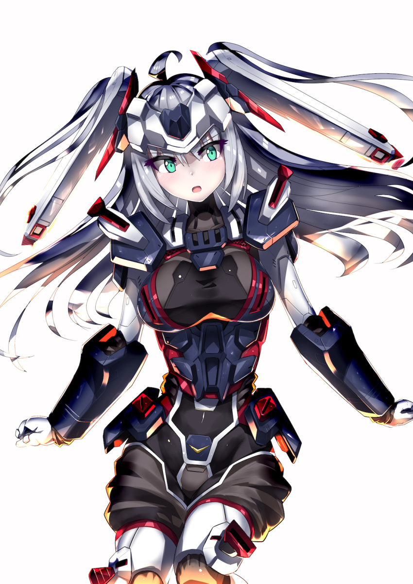 bodysuit breasts clenched_hands cowlick full_armor_gundam green_eyes gundam gundam_thunderbolt highres i.takashi looking_to_the_side mecha_musume medium_breasts open_mouth personification silver_hair skin_tight solo white_background