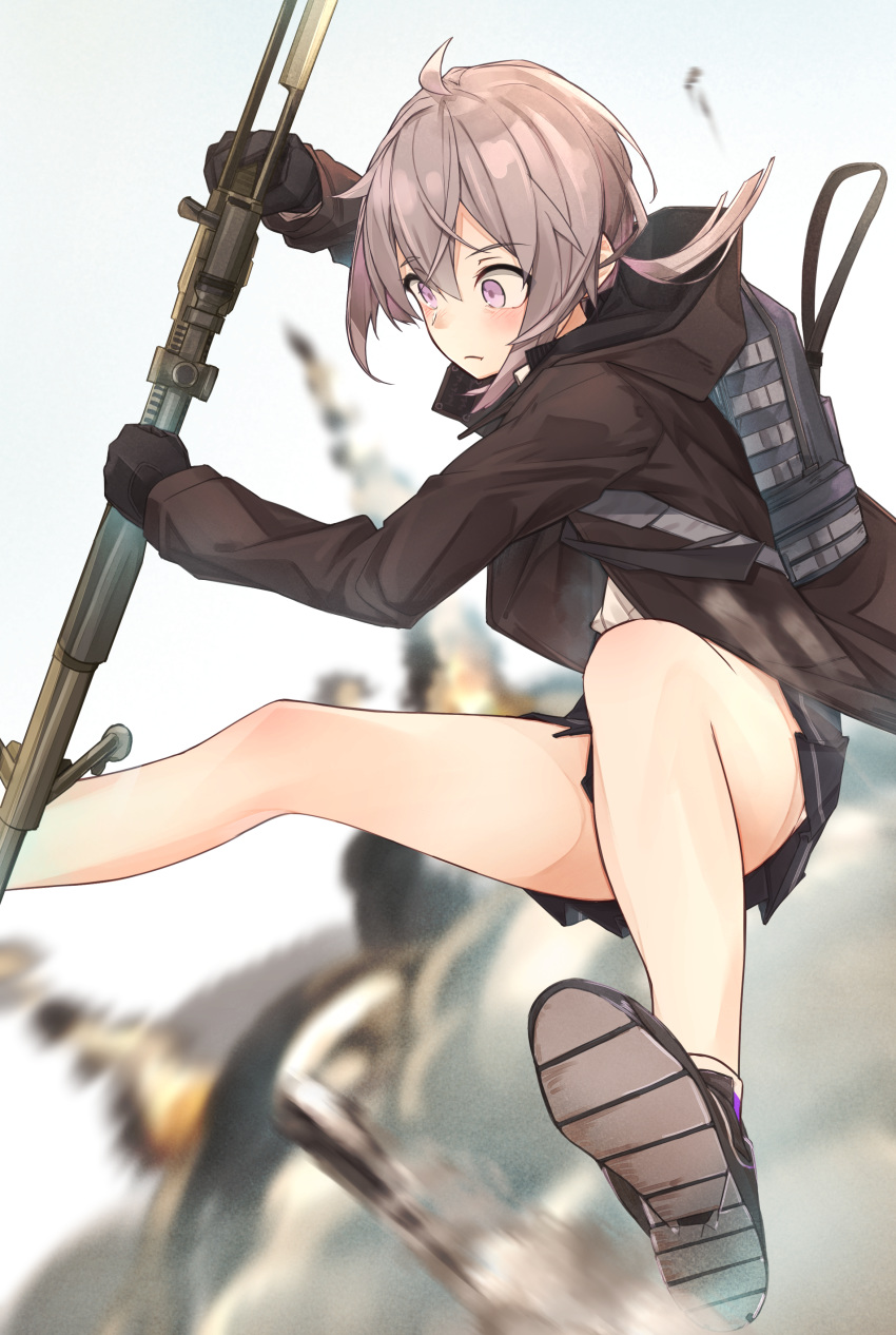 1girl absurdres ahoge backpack bag bipod black_gloves black_jacket black_skirt bolt_action brown_jacket cheytac_m200 explosion girls_frontline gloves gun highres hood hood_down hooded_jacket jacket kumanoko lavender_eyes lavender_hair low_ponytail m200_(girls_frontline) miniskirt pleated_skirt rifle short_hair skirt sniper_rifle solo weapon