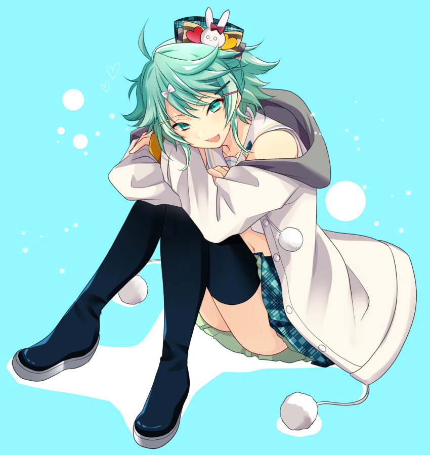 1boy :d ahoge aqua_background bare_shoulders boots commentary_request eyebrows_visible_through_hair full_body green_eyes green_hair hair_ornament hairclip hat hat_pin heart highres holostars jacket kagami_kira long_sleeves looking_at_viewer male_focus midriff navel nyokkiiiiin open_mouth otoko_no_ko pom_pom_(clothes) short_hair simple_background sitting skirt smile solo thigh-highs thigh_boots virtual_youtuber