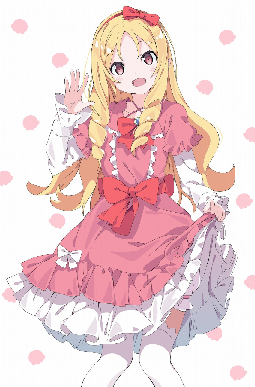 1girl :d bangs blonde_hair blush bow commentary_request dress eromanga_sensei eyebrows_visible_through_hair feet_out_of_frame frilled_dress frills grey_background hair_bow hairband hand_up highres knees_together_feet_apart long_hair long_sleeves looking_at_viewer open_mouth parted_bangs pink_dress pointy_ears red_bow red_eyes red_hairband ringlets short_over_long_sleeves short_sleeves simple_background skirt_hold sleeves_past_wrists smile solo tantan_men_(dragon) thigh-highs very_long_hair white_bow white_legwear yamada_elf