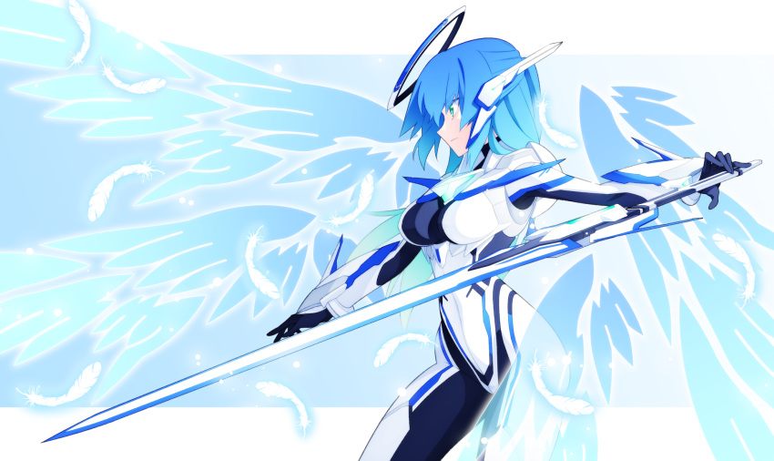 1girl blue_hair bodysuit commentary_request covered_navel energy_wings feathers green_eyes headgear highres kamenn letterboxed magical_girl mechanical_halo multiple_wings original seraph serious skin_tight solo sword weapon wings