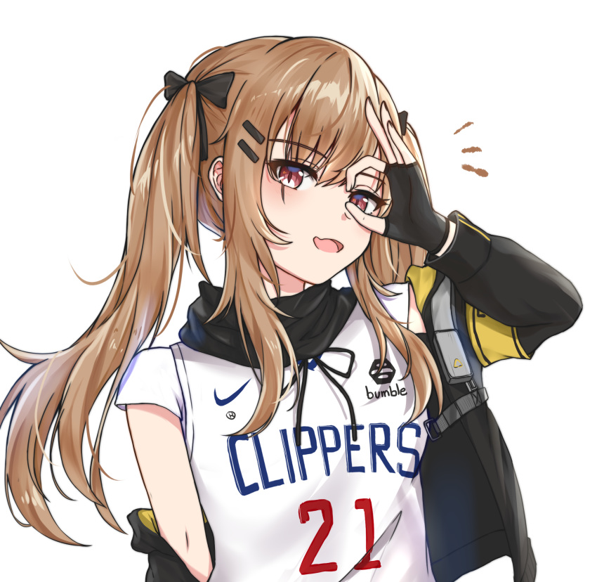 1girl armband basketball_jersey black_gloves black_scarf black_skirt blush brown_eyes brown_hair commentary eyebrows_visible_through_hair fingerless_gloves girls_frontline gloves highres hood hooded_jacket jacket jacket_on_shoulders long_hair looking_at_viewer los_angeles_clippers mango_(mgo) national_basketball_association ok_sign open_mouth scar scar_across_eye scarf skirt solo_focus twintails ump9_(girls_frontline) white_background
